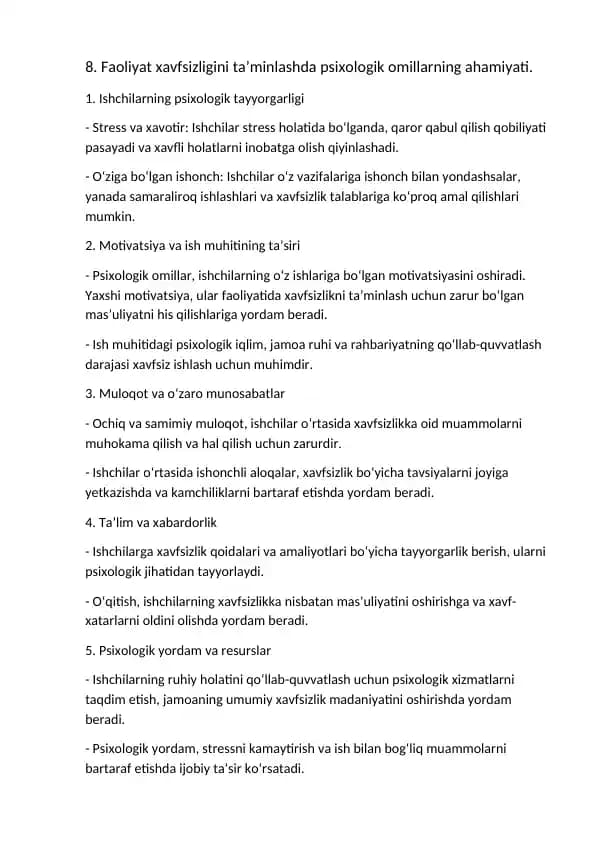 Faoliyat xavfsizligini ta’minlashda psixologik omillarning ahamiyati