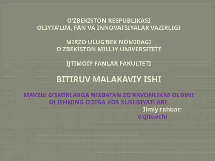 O‘SMIRLARGA NISBATAN ZO‘RAVONLIKNI OLDINI OLISHNING O‘ZIGA XOS XUSUSIYATLARI