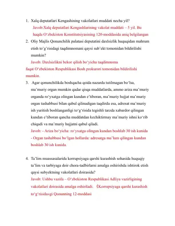 ARGOS - Milliy qonunchilik test javoblari
