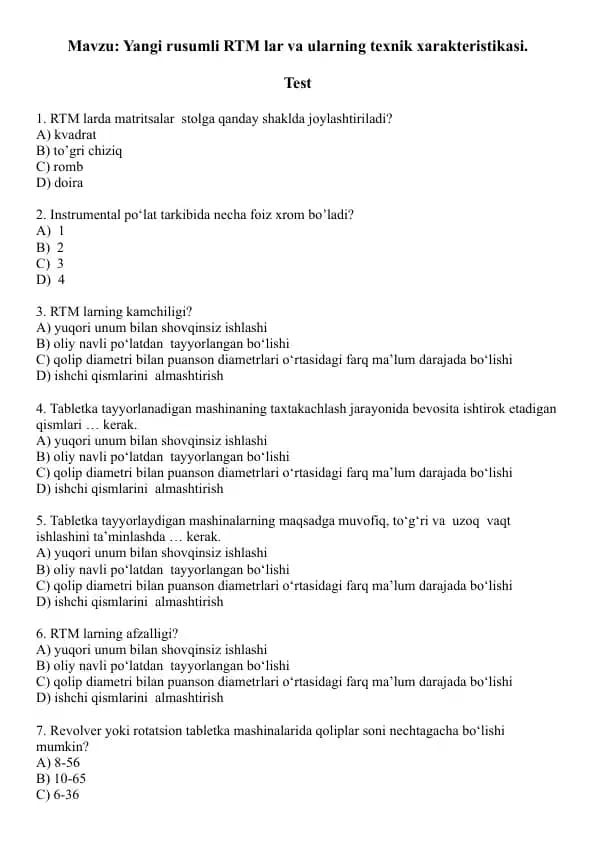 4. Yangi rusumli RTM lar va ularning texnik xarakteristikasi. Test 10 ta, javoblari bilan.