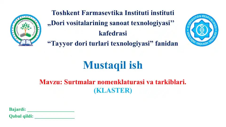 11.2. Surtmalar nomenklaturasi va tarkiblari. Klaster 2 ta.
