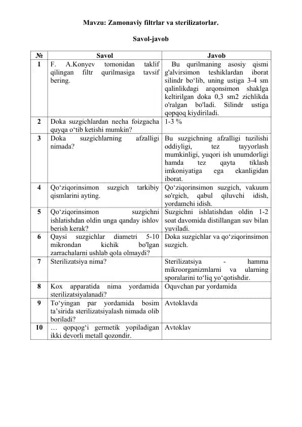 13. Zamonaviy filtrlar va sterilizatorlar. Savol-javob 10 ta, javoblari bilan.