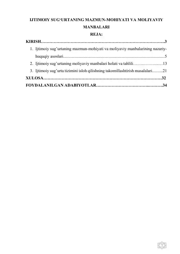 IJTİMOİY SUG‘URTANING MAZMUN-MOHIYATI VA MOLIYAVIY MANBALARI