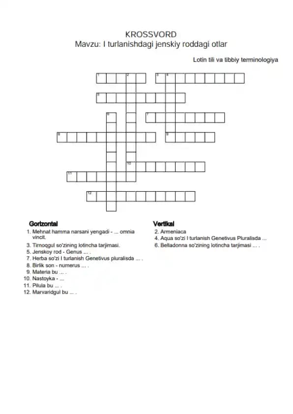 1. I turlanishdagi jenskiy roddagi otlar. Krossword 12 ta savolli, javoblari bilan.