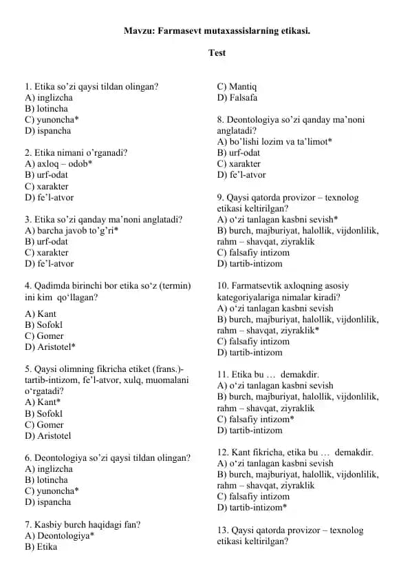 10. Farmasevt mutaxassislarning etikasi. Test 15 ta, javobli.