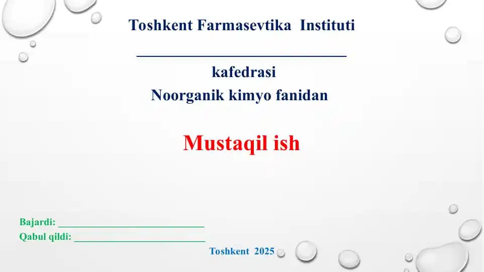 12. Kompleks birikmalarda valent bog'lanish usuli. Komplekslarda bog'lanishni tushuntirishda kvant mexanik modellar. Taqdimot 16 bet.