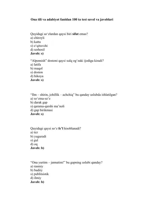 Ona tili va adabiyot fanidan test savollar to‘plami