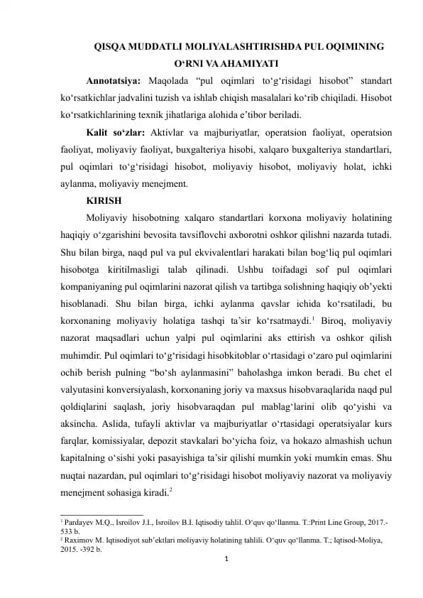 QISQA MUDDATLI MOLIYALASHTIRISHDA PUL OQIMINING O‘RNI VA AHAMIYATI