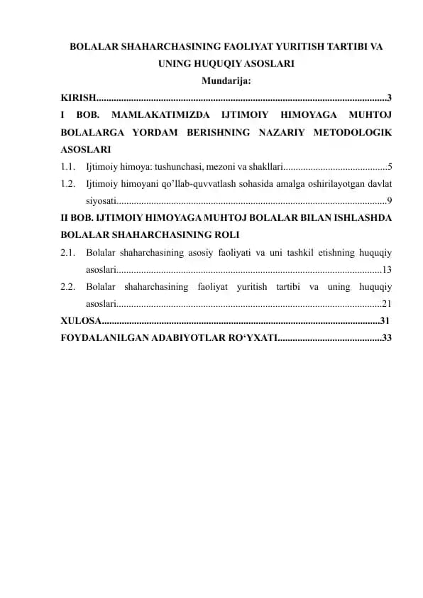 Bolalar shaharchasining faoliyat yuritish tartibi va uning huquqiy asoslari