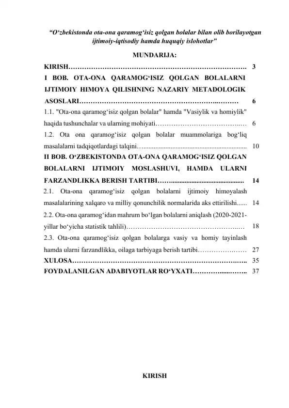 O‘zbekistonda ota-ona qaramog‘isiz qolgan bolalar bilan olib borilayotgan ijtimoiy-iqtisodiy hamda huquqiy islohotlar