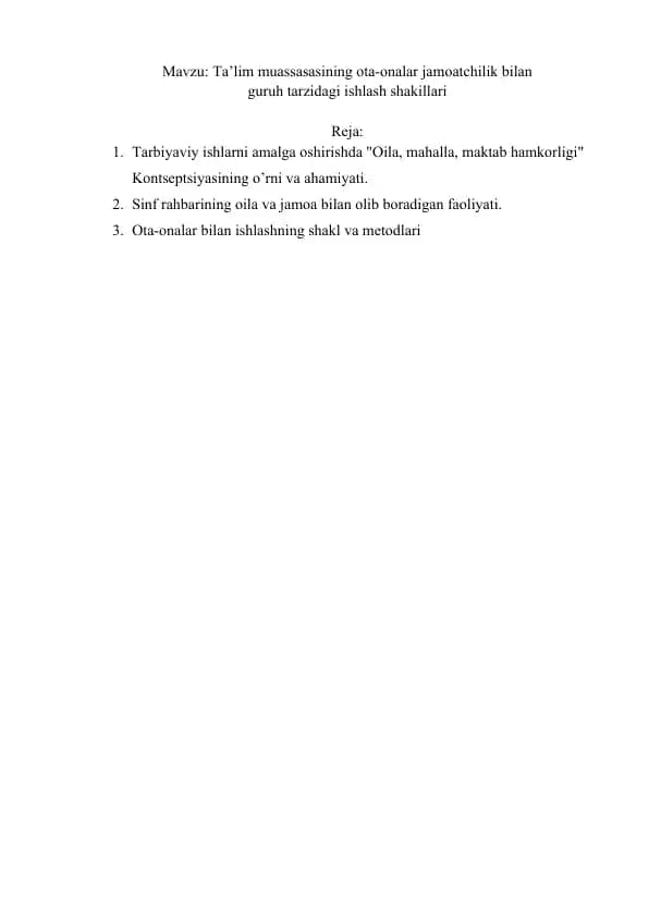 Ta’lim muassasasining ota-onalar jamoatchilik bilan guruh tarzidagi ishlash shakillari