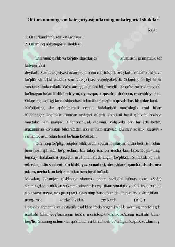 Ot turkumining son kategoriyasi, otlarning nokategorial shakllari