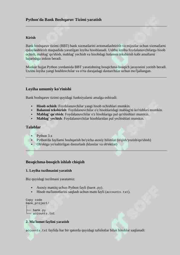 Bank proyektini qilish bo'yicha yo'riqnoma | to'liq python tilida