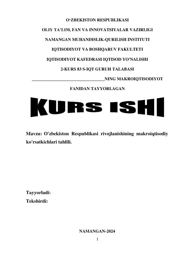 O'zbekiston Respublikasi rivojlanishining makroiqtisodiy ko'rsatkichlari