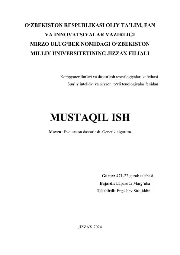 Evolutsion dasturlash. Genetik algoritm