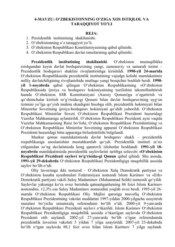 O’ZBEKISTОNNING O’ZIGА ХОS ISTIQLОL VА TАRАQQIYOT YO’LI