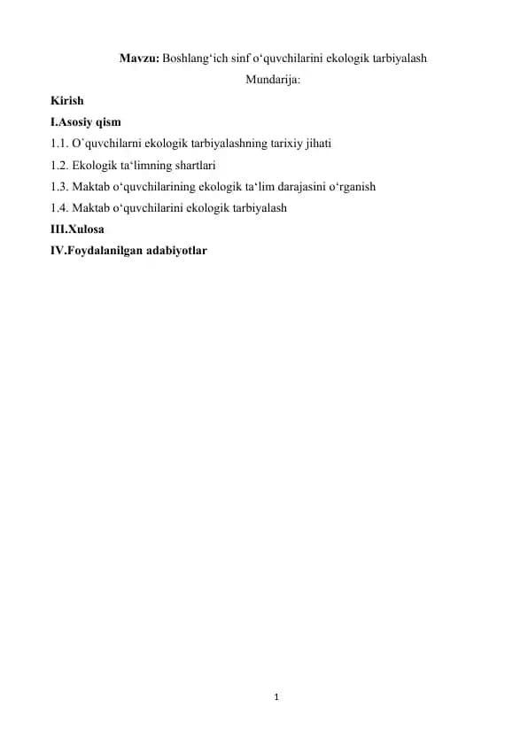 Boshlang‘ich sinf o‘quvchilarini ekologik tarbiyalash