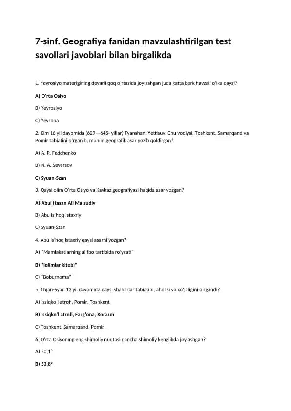 7-sinf. Geografiya fanidan mavzulashtirilgan test savollari javoblari bilan birgalikda