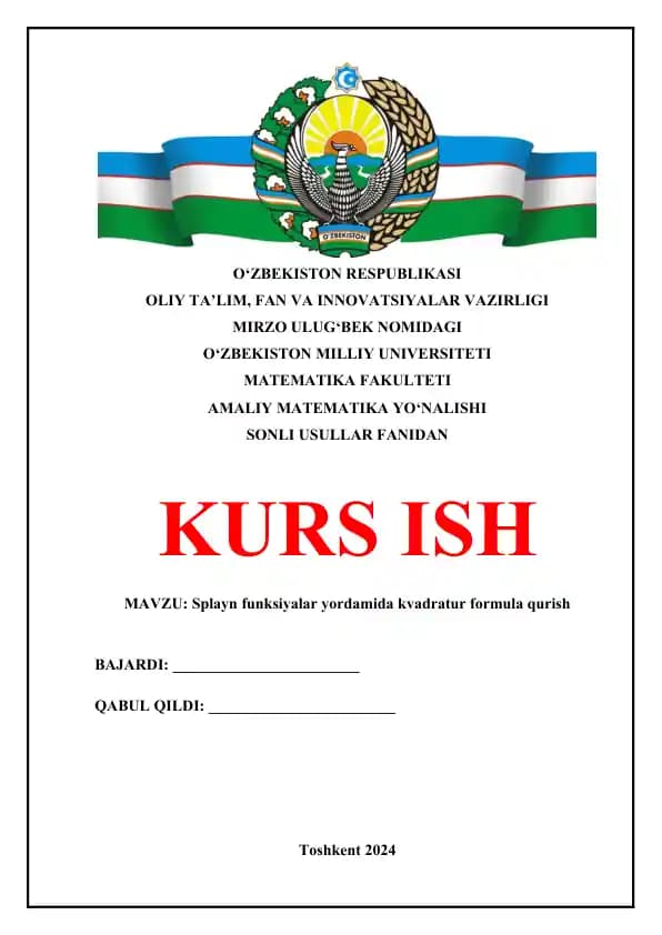 Splayn funksiyalar yordamida kvadratur formula qurish