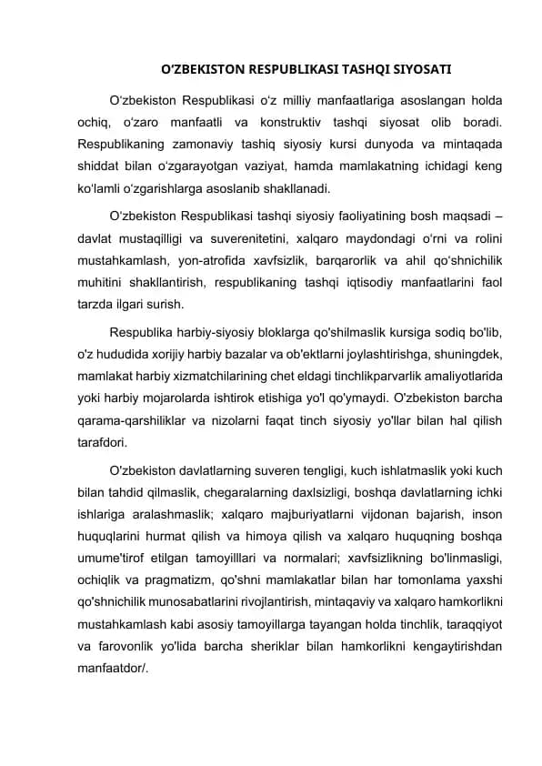 O‘ZBEKISTON RESPUBLIKASI TASHQI SIYOSATI