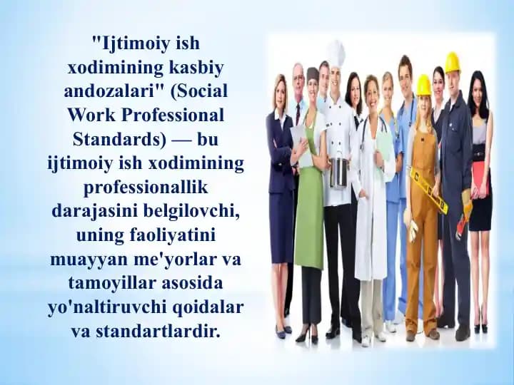 Ijtimoiy ish xodimining kasbiy andozalari" (Social Work Professional Standards)