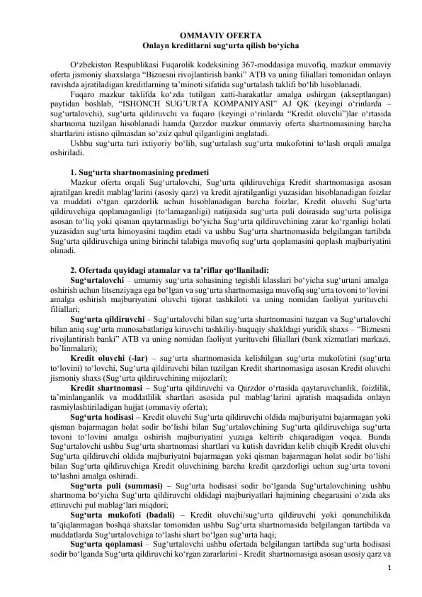 Onlayn kreditlarni sug‘urta qilish bo‘yicha