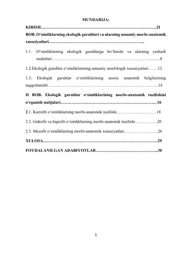 Turli ekologik guruhlarga mansub o'simliklarning morfo-anotomik tuzulishini o'rganish