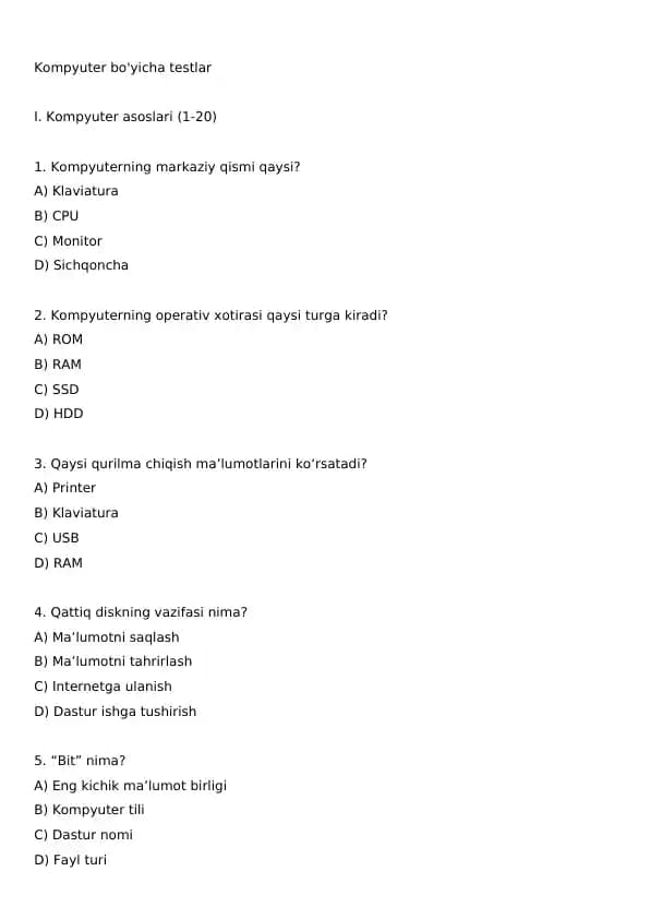 Kompyuter bo'yicha testlar