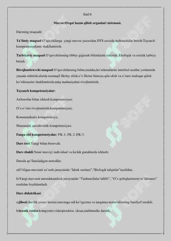 Ovqat hazm qilish organlari sistemasi mavzusida ochiq dars