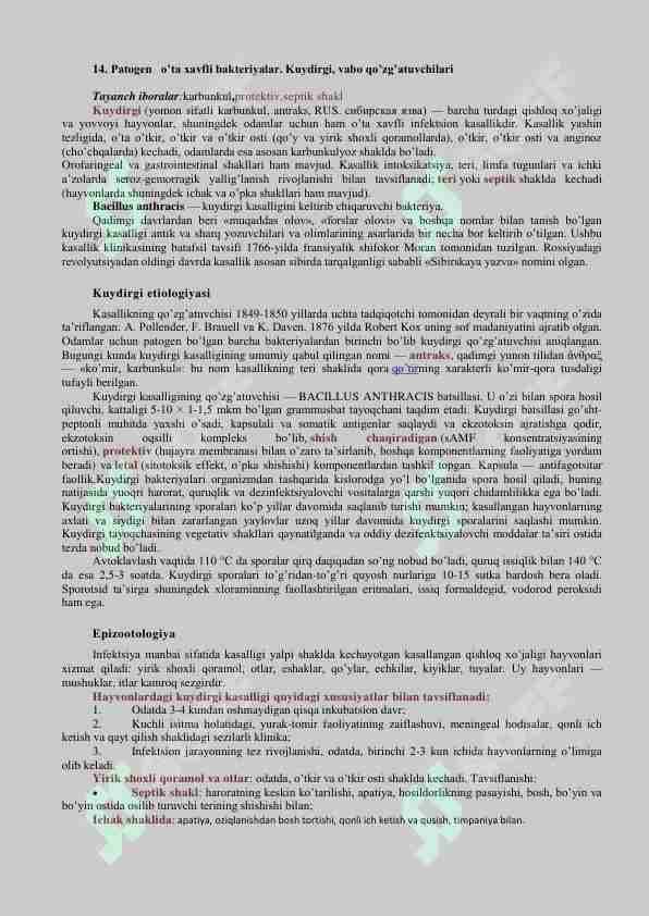 Patogen o'ta xavfli bakteriyalar. Kuydurgi, vabo qozgatuvchilari