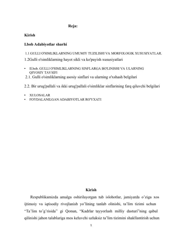 Bir urug'pallali va ikki urug'pallali o'simliklar sinflarining farq qiluvchi belgilari