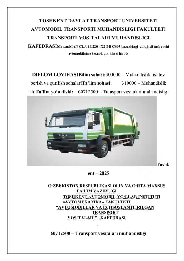 MAN CLA 16.220 4X2 BB CS03 bazasidagi chiqindi tashuvchi avtomobil texnologik jihozi hisobi