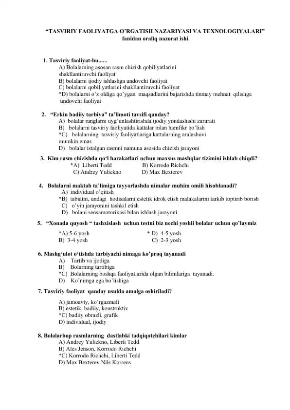 TASVIRIY FAOLIYAT variant javobi bilan