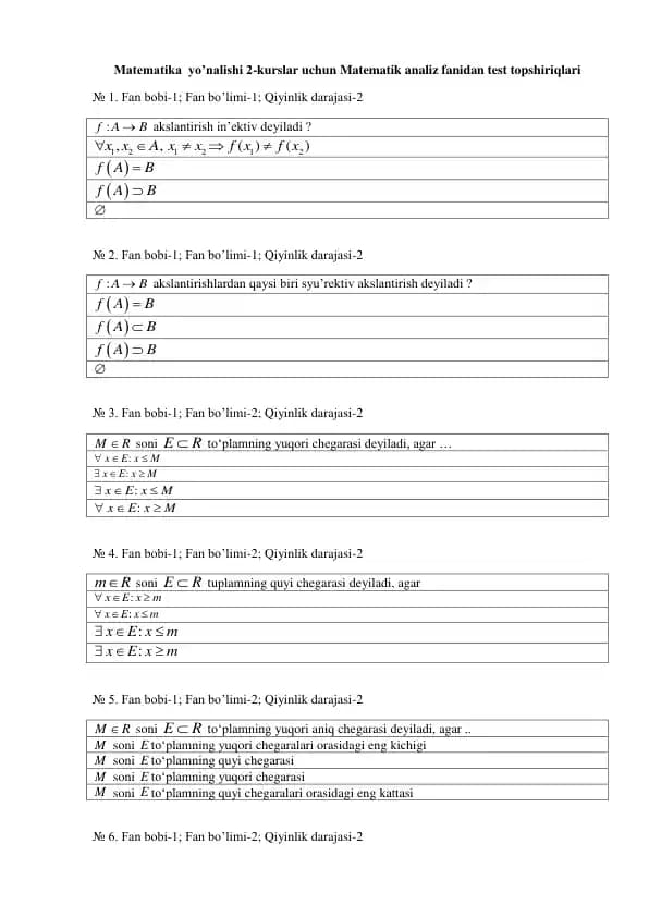Matematik analiz fanidan test topshiriqlari