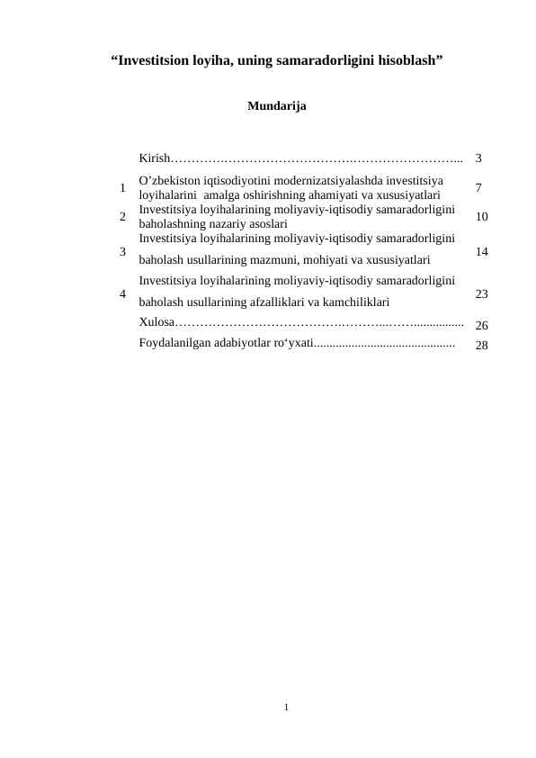 Investitsion loyiha, uning samaradorligini hisoblash