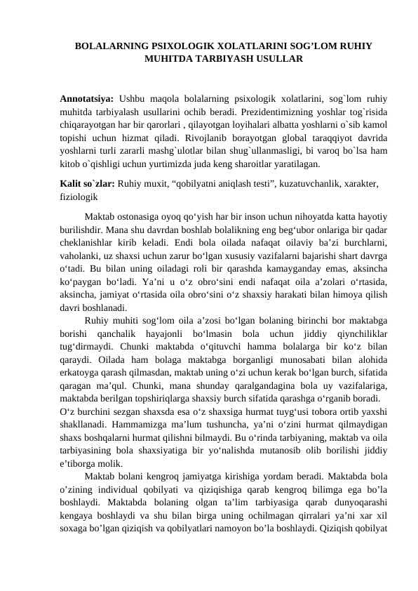 BOLALARNING PSIXOLOGIK XOLATLARINI SOG’LOM RUHIY MUHITDA TARBIYASH USULLAR
