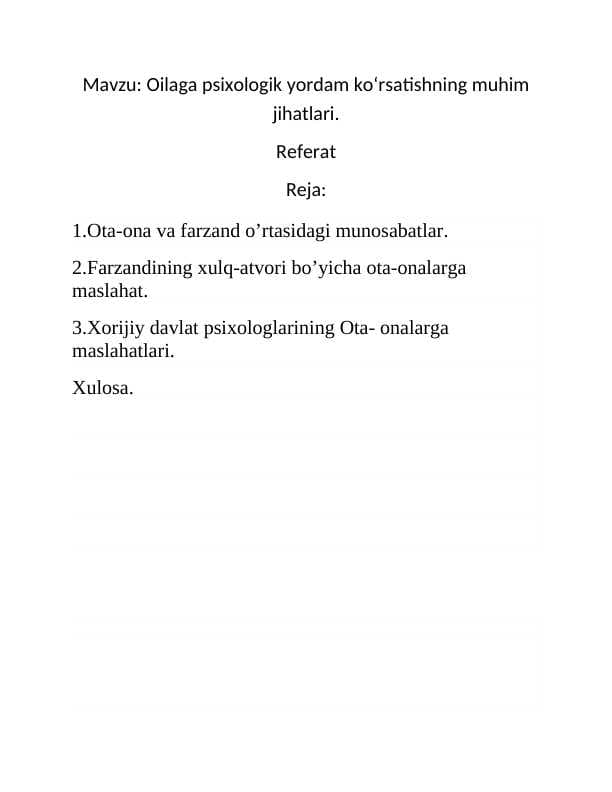 Oilada psixologik yordam koʻrsatish muhim jihatlari