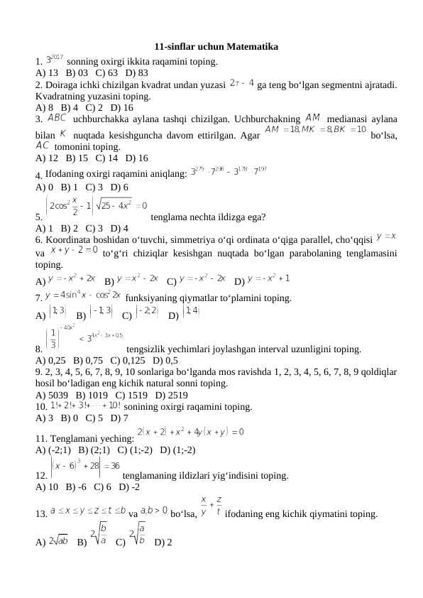 Matematika 11-sinf test