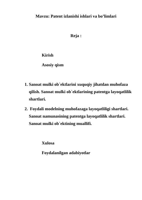 Patеnt izlanishi ishlari va boʻlimlari