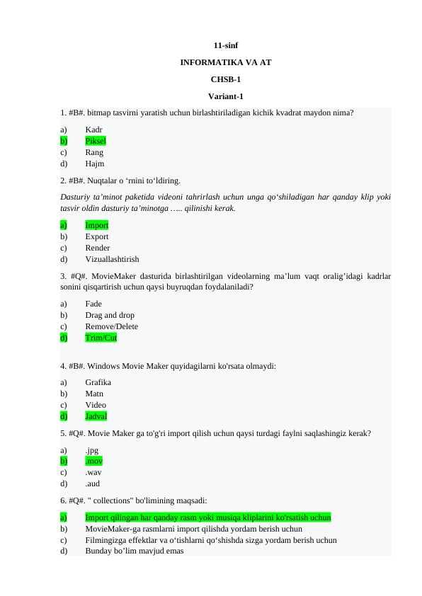 11-sinf - Informatika - Testlar - Javoblari bilan