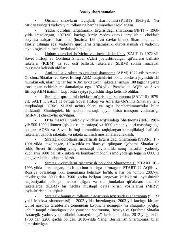 Ikkinchi jahon urushidan hozirgi kunga qadar jahon miqyosidagi asosiy shartnomalar