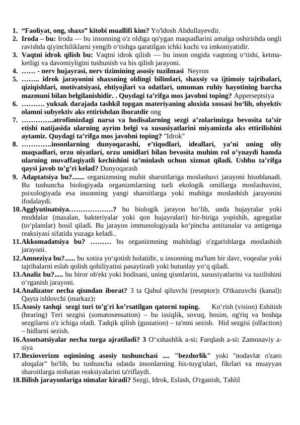 Psixologiyasan savol javoblar