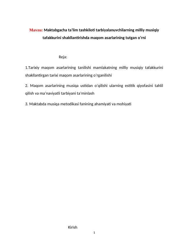 Maktabgacha ta’lim tashkiloti tarbiyalanuvchilarning milliy musiqiy tafakkurini shakllantirishda maqom asarlarining tutgan o‘rni