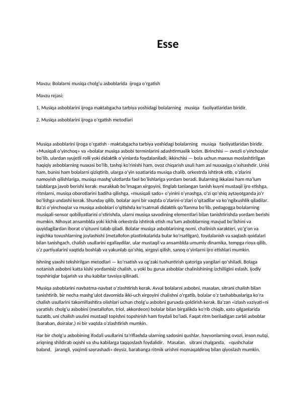 Bolalarni musiqа cholg‘u аsboblаridа  ijrogа о‘rgаtish essey