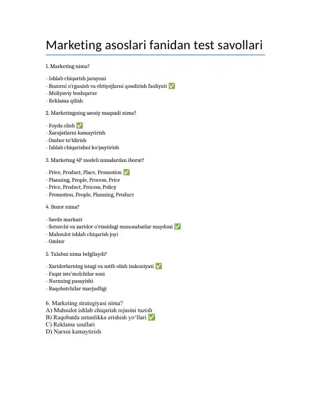 Marketing asoslari fanidan 40-test savollari