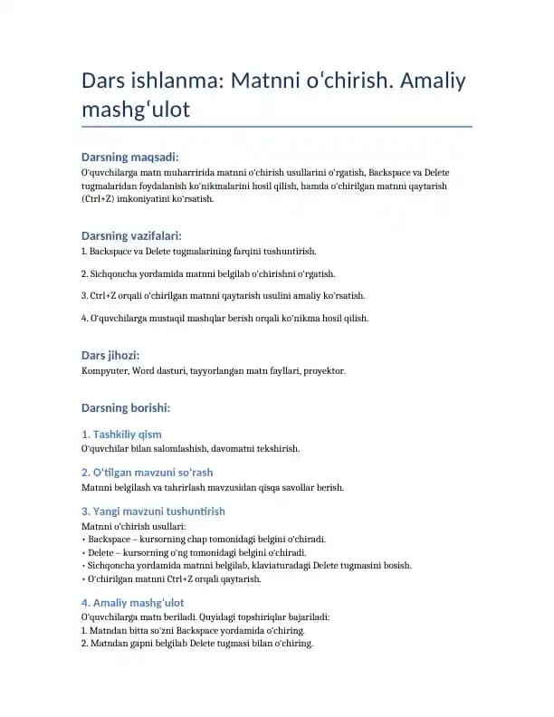 Dars ishlanma: Matnni o‘chirish. Amaliy mashg‘ulot