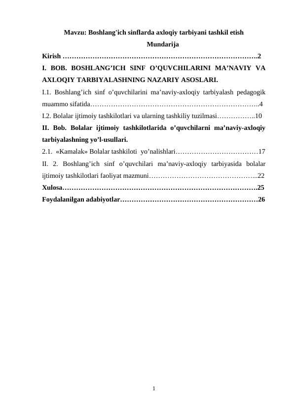 Boshlang'ich sinflarda axloqiy tarbiyani tashkil etish