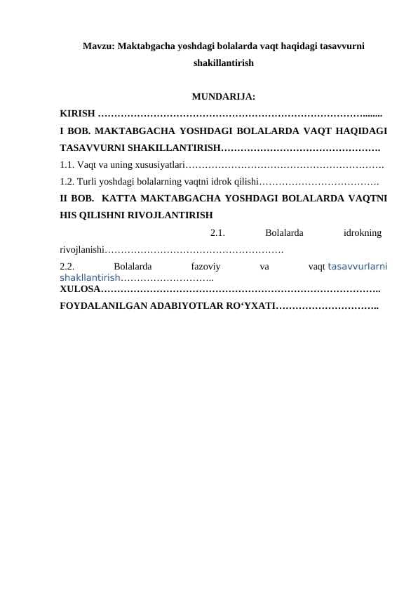 Maktabgacha yoshdagi bolalarda vaqt haqidagi tasavvurni shakillantirish