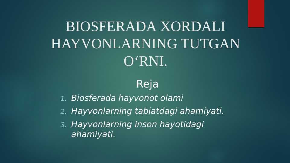 BIOSFERADA XORDALI HAYVONLARNING TUTGAN О‘RNI.