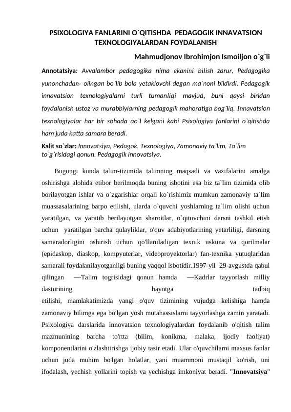 PSIXOLOGIYA FANLARINI O`QITISHDA  PEDAGOGIK INNAVATSION TEXNOLOGIYALARDAN FOYDALANISH
